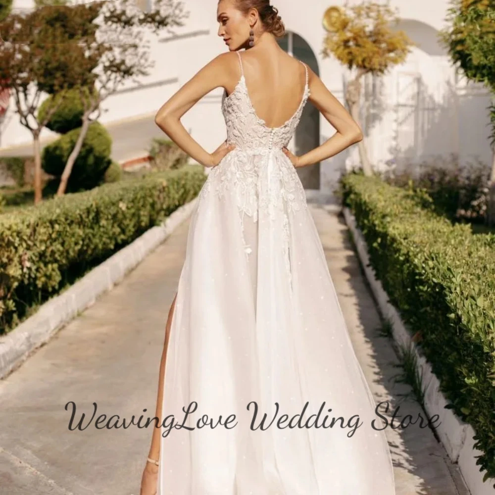 Exquisite Applique  Backless High Split  Wedding Dress V-Neck Backless With Button  Spaghetti Strap  Vestidos De Novia Custom