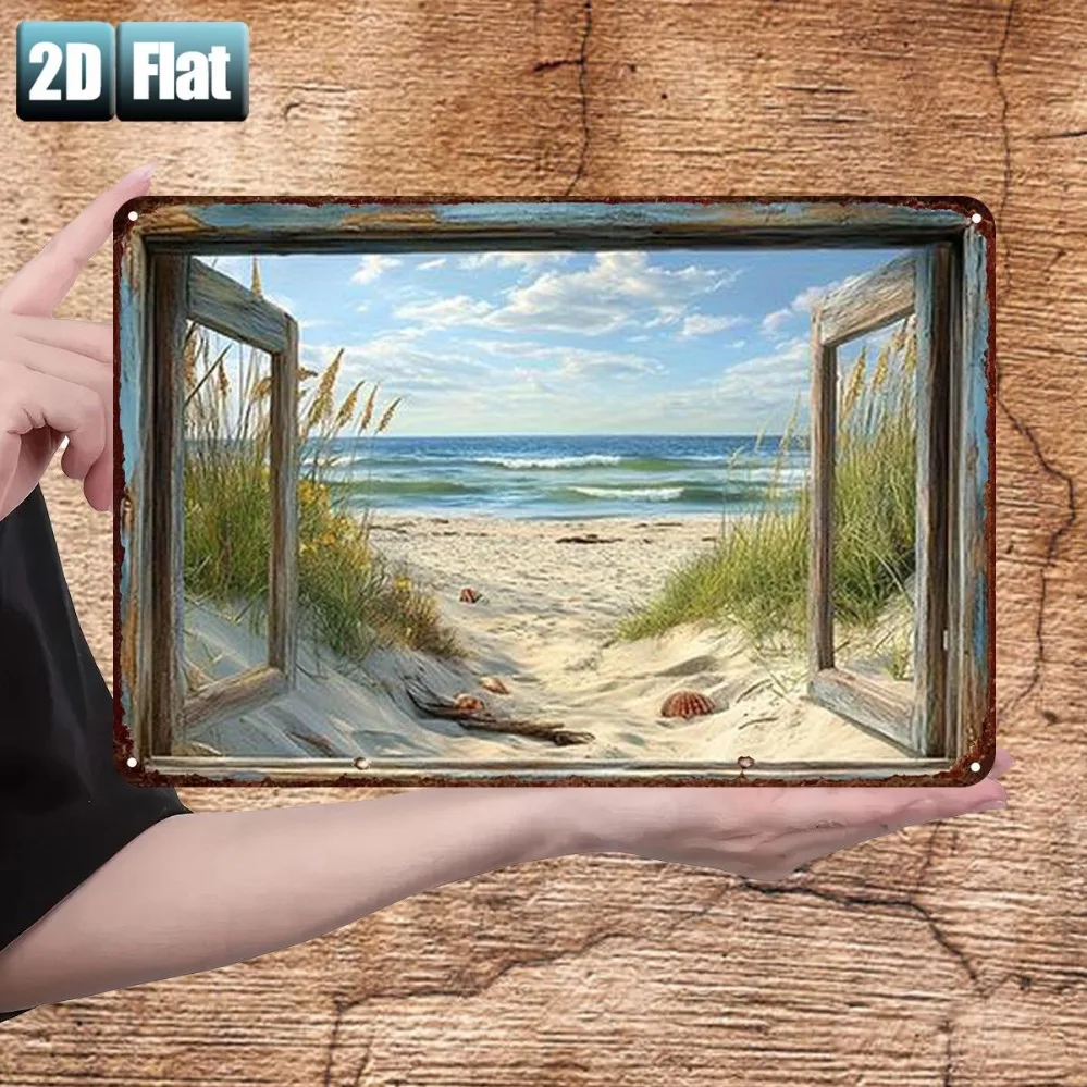 Metallblech-Wandkunst 8x12 Zoll Strandlandschaft Fensterblick für Raum- und Restaurantdekoration