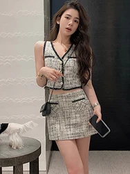 Korean Casual Ladies Suit V Neck Vest Jack + High Waist Mini Skirt Elegant Summer Outfit for Woman 2023 2 Piece Sets Y2k Outifts