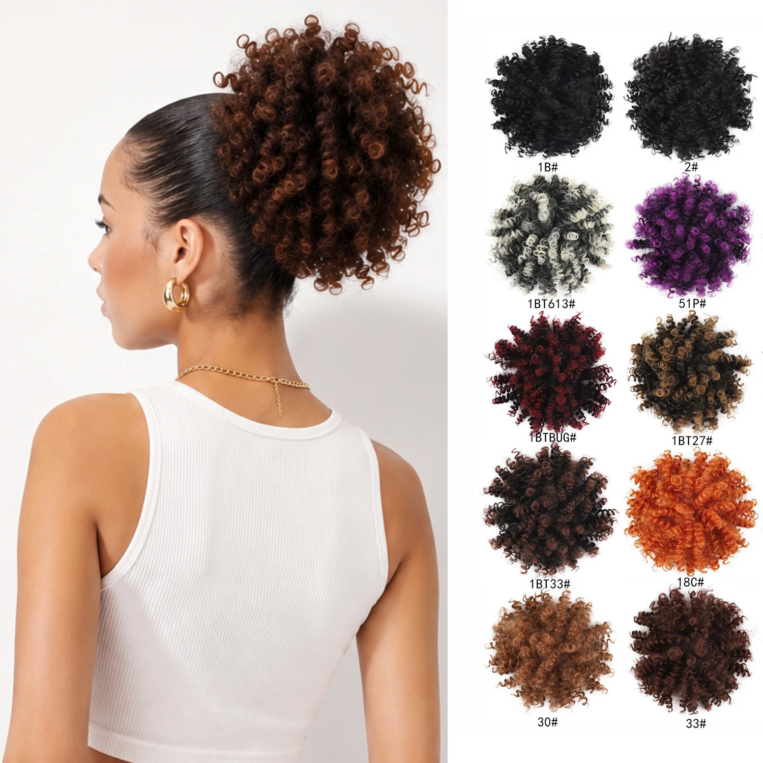 Drawstring Ponytail Extensions Curly Bun Pony Tail Clip on Ponytail for Women Synthetic Short Afro Hairpiece for Daily Use