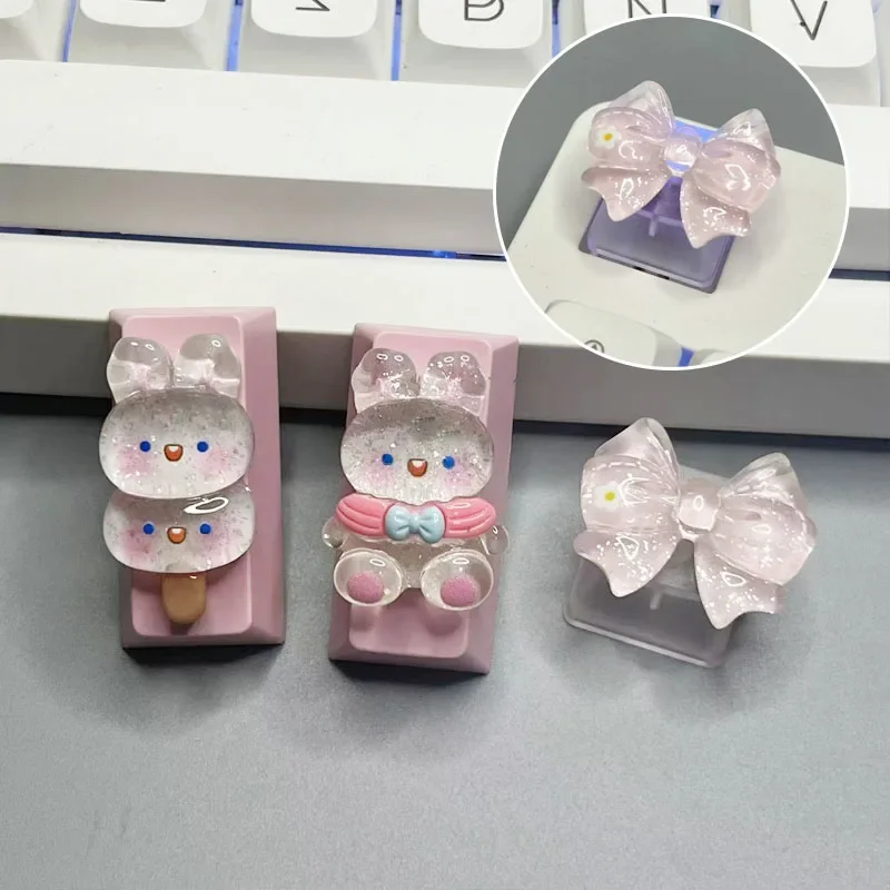 

Hand Customized Ice Transparent BowLight Transparent Keycap Cute ESC Rabbit Cross Shaft Mechanical Keyboard Keycap