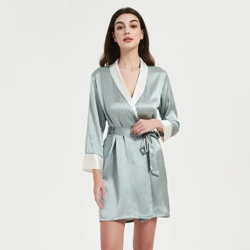 Women's Short Silk Robe 100% Mulberry Silk Kimono Morning Dressing Gown for Bathroom and Lounge Wrap Morning Robe Mini Nightgown