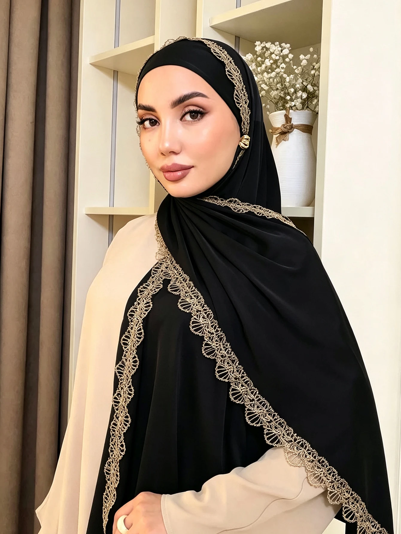 Premium Golden Lace Edge Hijab Jersey Fabric Hijab Modest Muslimah Daily Head Scarf Women Headscarf Solid Shawl Wrap