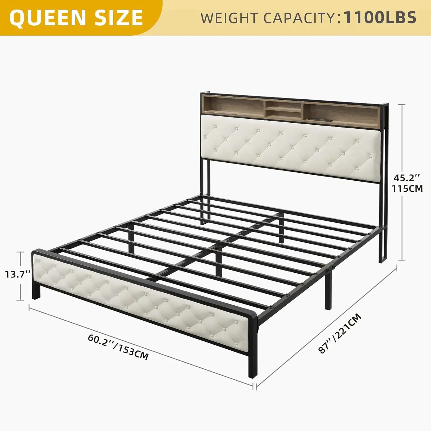 Queen Size Bed Frame With Charging Station Storage Headboard Upholstered Platform