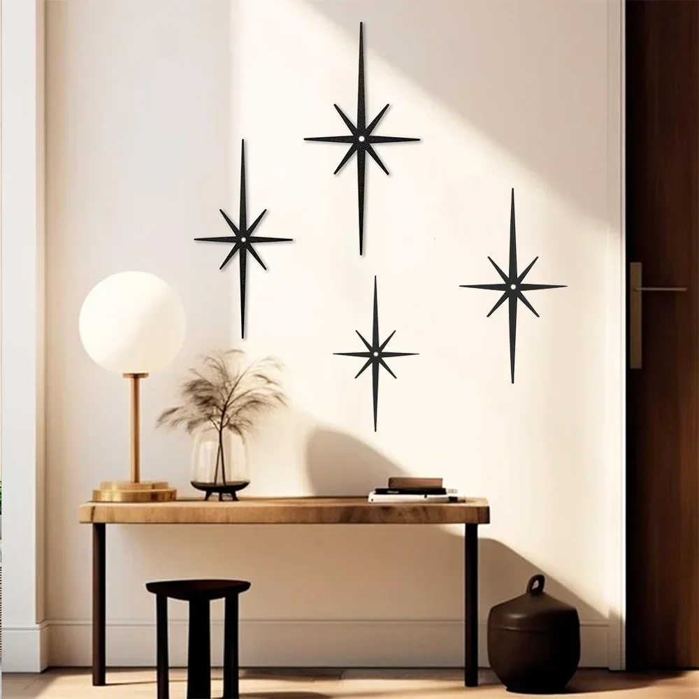 CIFBUY Metal Wall Art 4pcs Octagonal Atomic Star Sculpture Mid Century Iron Hanging Decor For Home Living Room