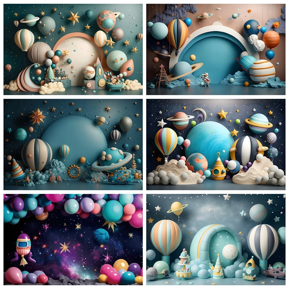 

Outer Space Universe Balloons Photography Backdrop Astronaut Planet Boy Girl Baby 1st Birthday Party Cake Smash Photo Background