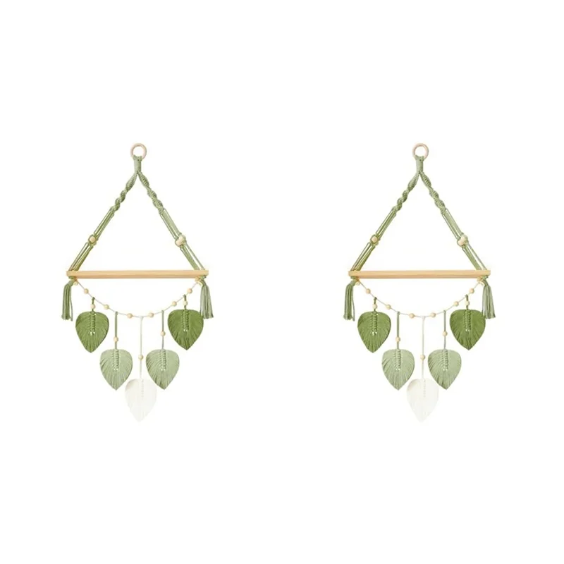 

【RECOMENDAR】2X настенная подвесная полка в стиле макраме-настенная вешалка для растений в стиле бохо с плетеными листьями ручной работы, деревянная витрина