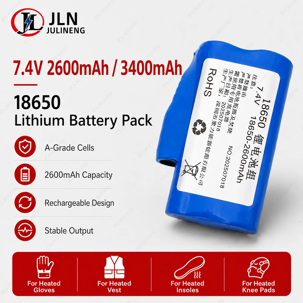 18650 7.4V 2600mAh 3400mAh Rechargeable Lithium Battery Pack for Heated Gloves Vest Insoles Knee Pads Heating Clothes
