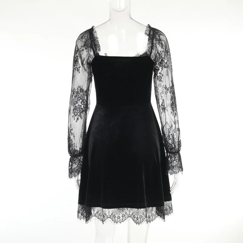 Abito gotico da donna Nero scuro Elegante Vestido De Festa Vintage Punk Abiti da festa Abiti Maniche in pizzo Abito Streetwear Moda