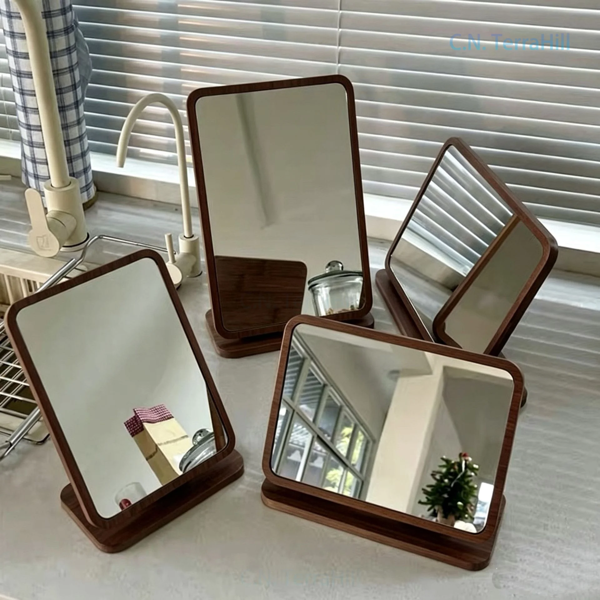 Wood Frame Folding Desktop Vanity Mirror Portable Standable Thickened Walnut Tabletop Makeup Mirror for Dorm Room