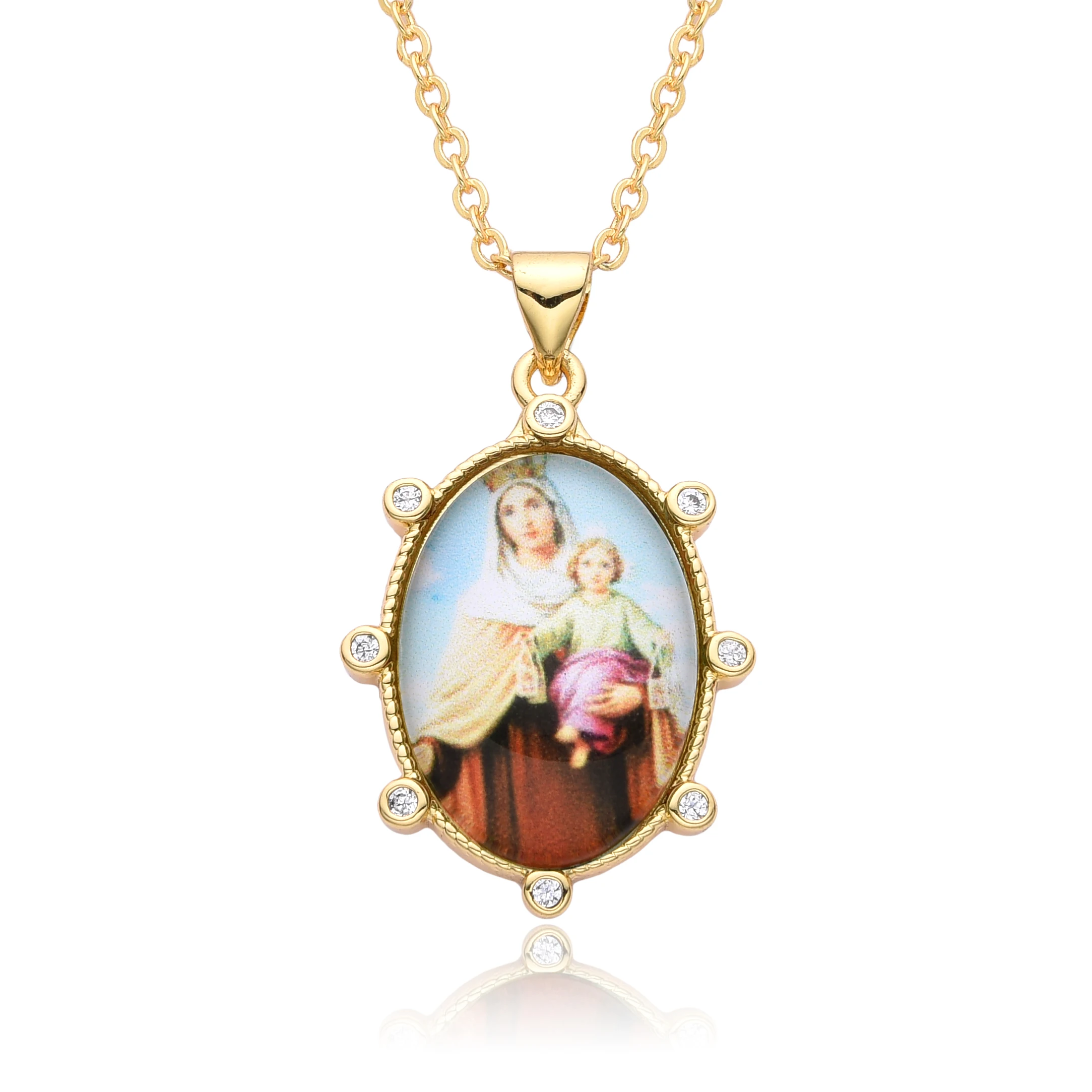 Gold Plated Enamel Virgin Mary Pendant Sacred Heart of Jesus Zirconia Edges Medal Necklace Divine Child Charms Catholic Jewelry