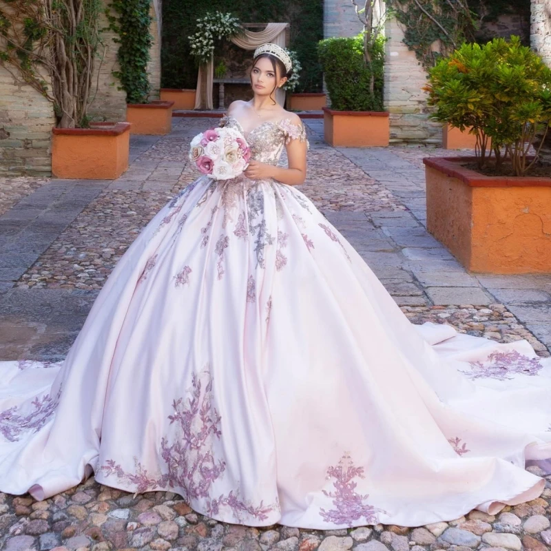 

Pink Shiny Quinceanera Dresses Off The Shoulder Applique Lace Beading Tull Corset Party Birthday Sweet 16 Dress Vestidos 15 Anos