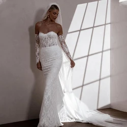Charming Removeable Sleeves Sweethart Full Lace Mermaid Wedding Dresses Sweep Trian Custom Made Bridal Grown Vestido De Noival