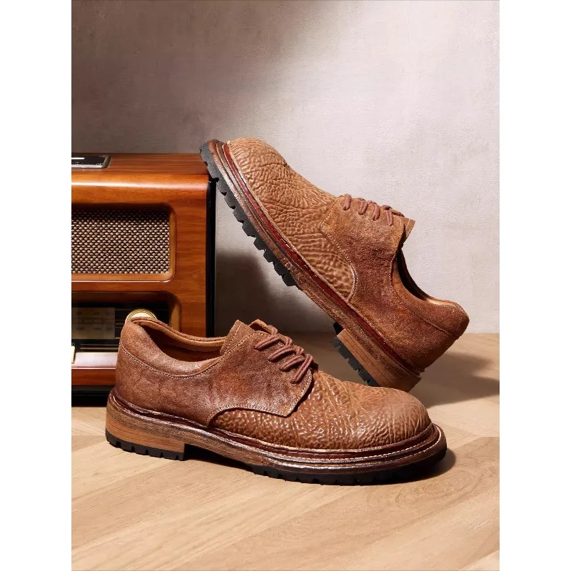 Vintage Washed Genuine Leather British Fashion Work Leather Shoes Men's Casual Derby Comfortable Outdoor Hiking Shoes Male