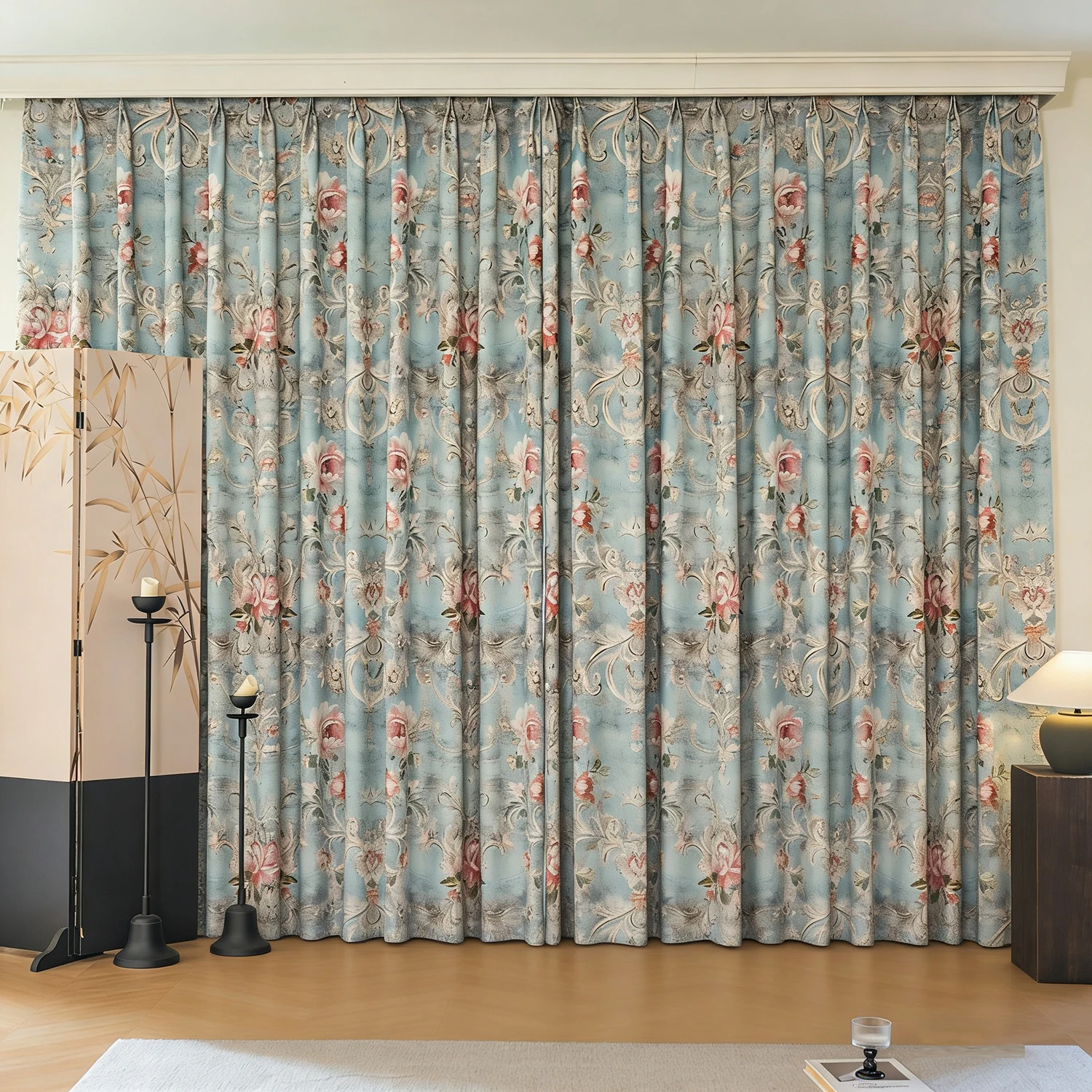 Blue European Style Peony Blackout Curtain for Room Darkening, Privacy Protection, Luxury Vintage Victoria Printed Curtain