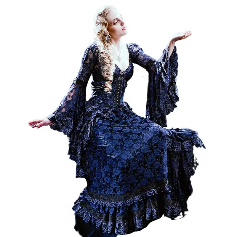 Victorian Gothic Wedding Dress navy blue Lace Lady Queens Mariposa Steampunk Long Sleeve customsized Masquerade bridal Dress