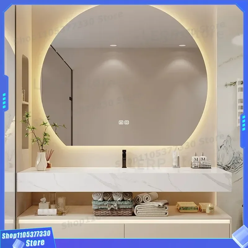 Light Luxury Cream Style Rock Slab Hot Bending Integrated Basin Solid Wood Bathroom Cabinet Combo Washstand Face Sink Modern