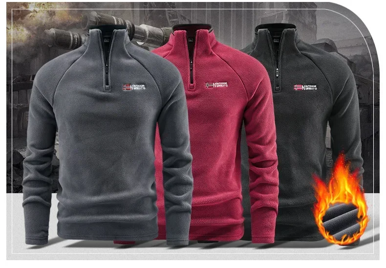 Herren-Sweatshirt aus norwegischem Polar-Fleece, Herbst-Winter-Pullover, dick, warm, mit Stehkragen, halbem Reißverschluss, lässig, langärmelig, Fleece-Oberteil – Detail 2
