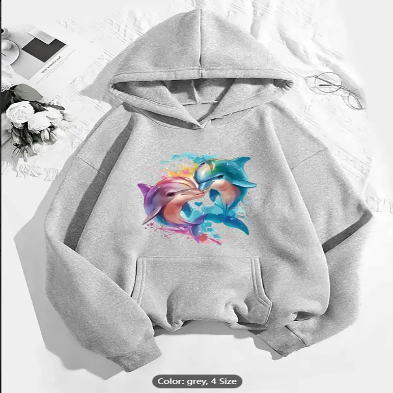 Sudadera con capucha gris para mujer con estampado gráfico de delfines coloridos Sudadera con capucha con cordón de ajuste extragrande Ropa informal inspirada en el océano