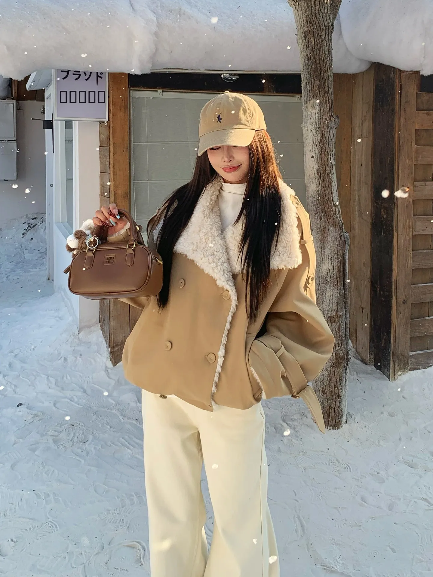 

i Color Splicing Lamb Fur Collar ort Jaet Women's Winter Warm Workwear Sle Korean Loose Fit Polyester Lined Cotton Coat