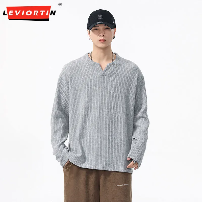 Autumn/winter new Japanese minimalist fashion brand jacquard loose casual minimalist basic base solid color long sleeved T-shirt