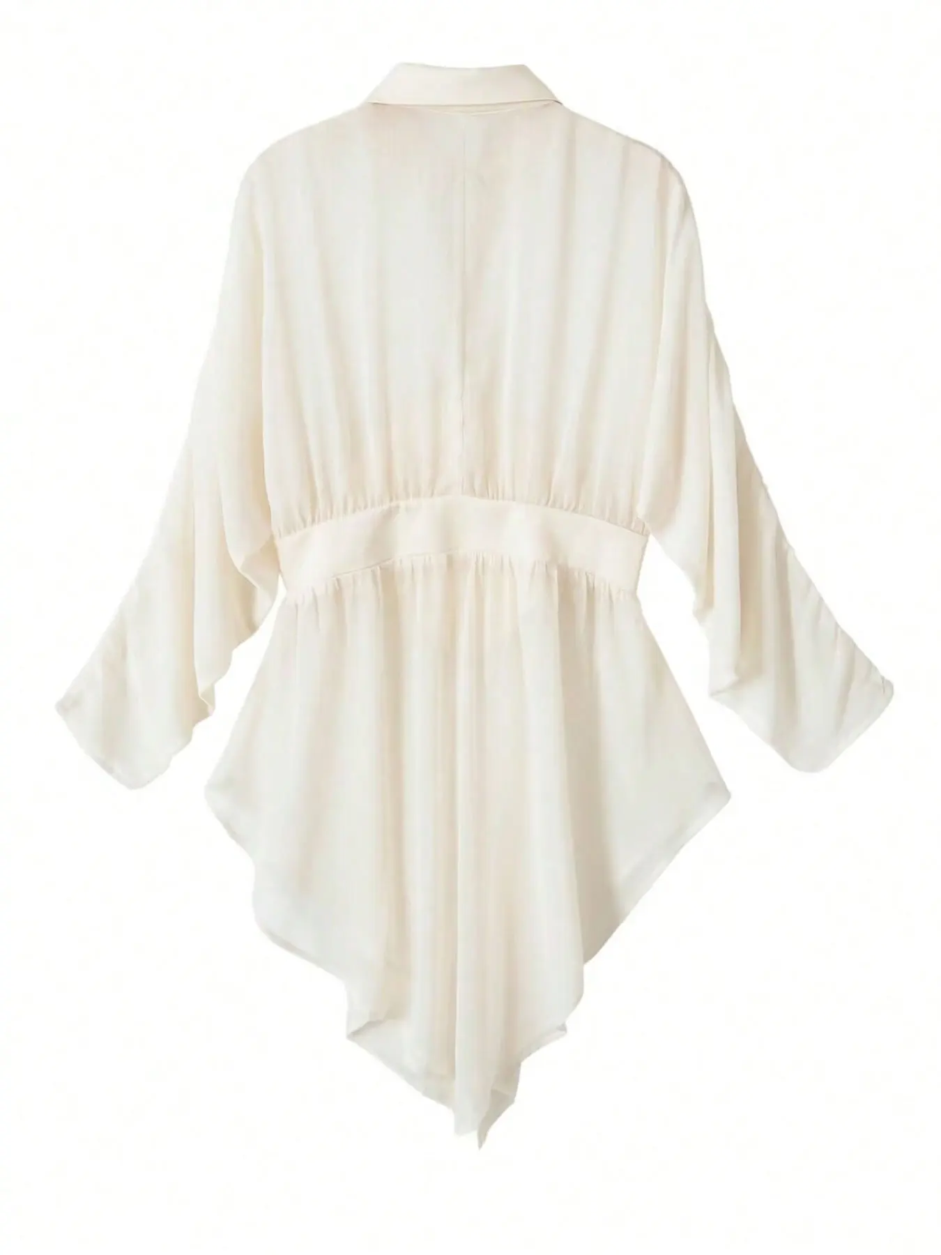 HH Damen-Bluse in Beige, mit gerafftem, transparentem, langem Stoff, Reverskragen, Kordel vorne, Korsettdetail, Knöpfe, lange Ärmel, ausgestellte Manschetten, schicke Oberteile – Detail 3