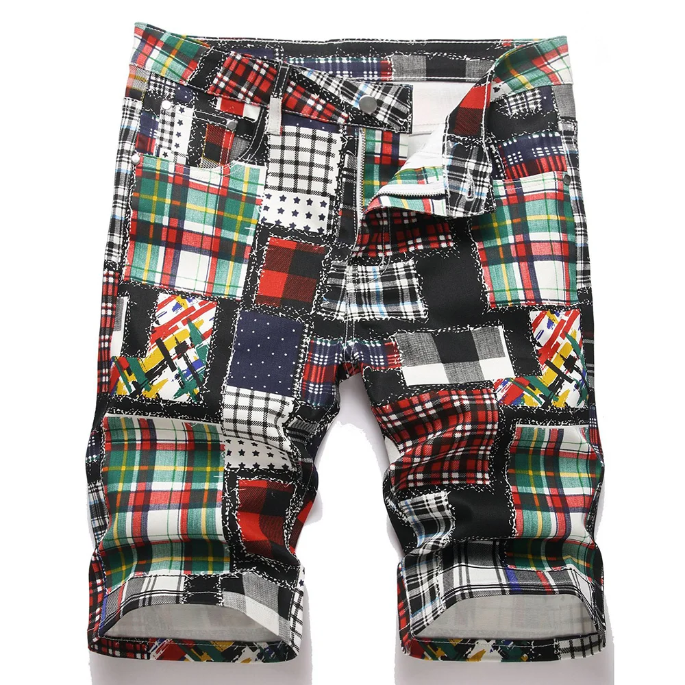 Men's Plaid Print Shorts Summer Check Tartan Digital Painted Denim Jeans Slim Straight Stretch Breeches