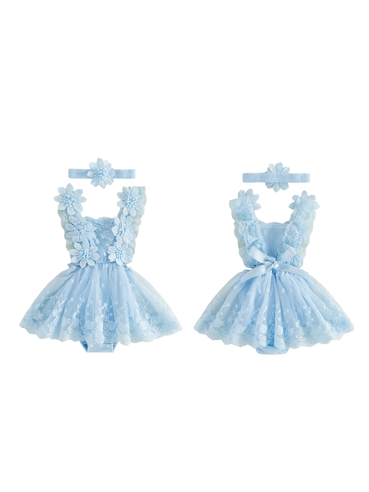 

Комбинезон-платье для малышей с цветочным кружевом и тюлевой юбкой, а также в комплекте с подходящей повязкой на голову, для летних мероприятий и вечеринок