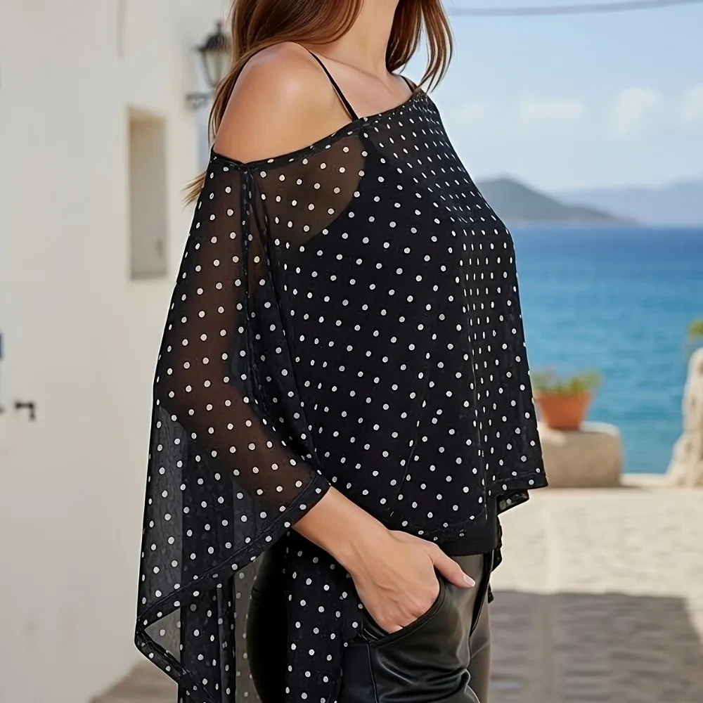 

Casual Transparent Sunscreen Cover-up Cloak Loose Fit Off Shoulder Blouse Short Sheer Top Polka Dot Mesh Shawl Beach