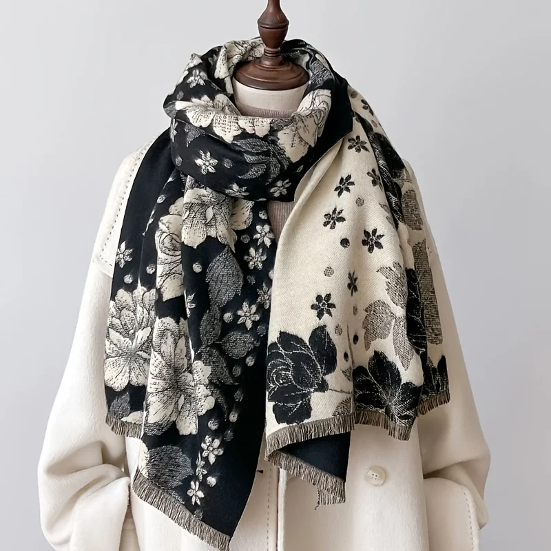 Chic Dual-Sided Floral Scarf for Women - Cozy & Warm, Perfect for Winter Outings