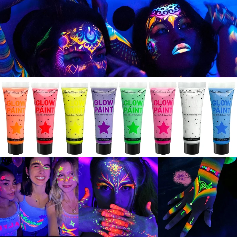 8 Colors 10ml UV Glow Face & Body Paint - Vibrant Neon Shades, Creamy Tube Packaging, Ideal for Parties, Festivals & Halloween