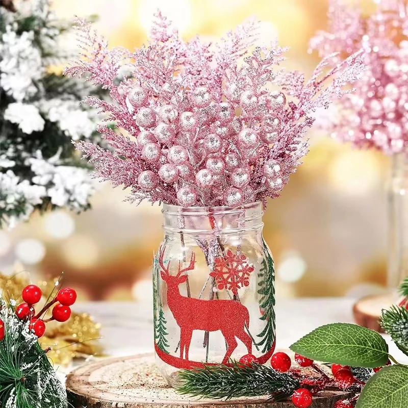 5Pcs Christmas Decoration Glitter Berrie Artificial Flower Bouquet Christmas Tree Ornaments for Home New Year 2025 Navidad Decor