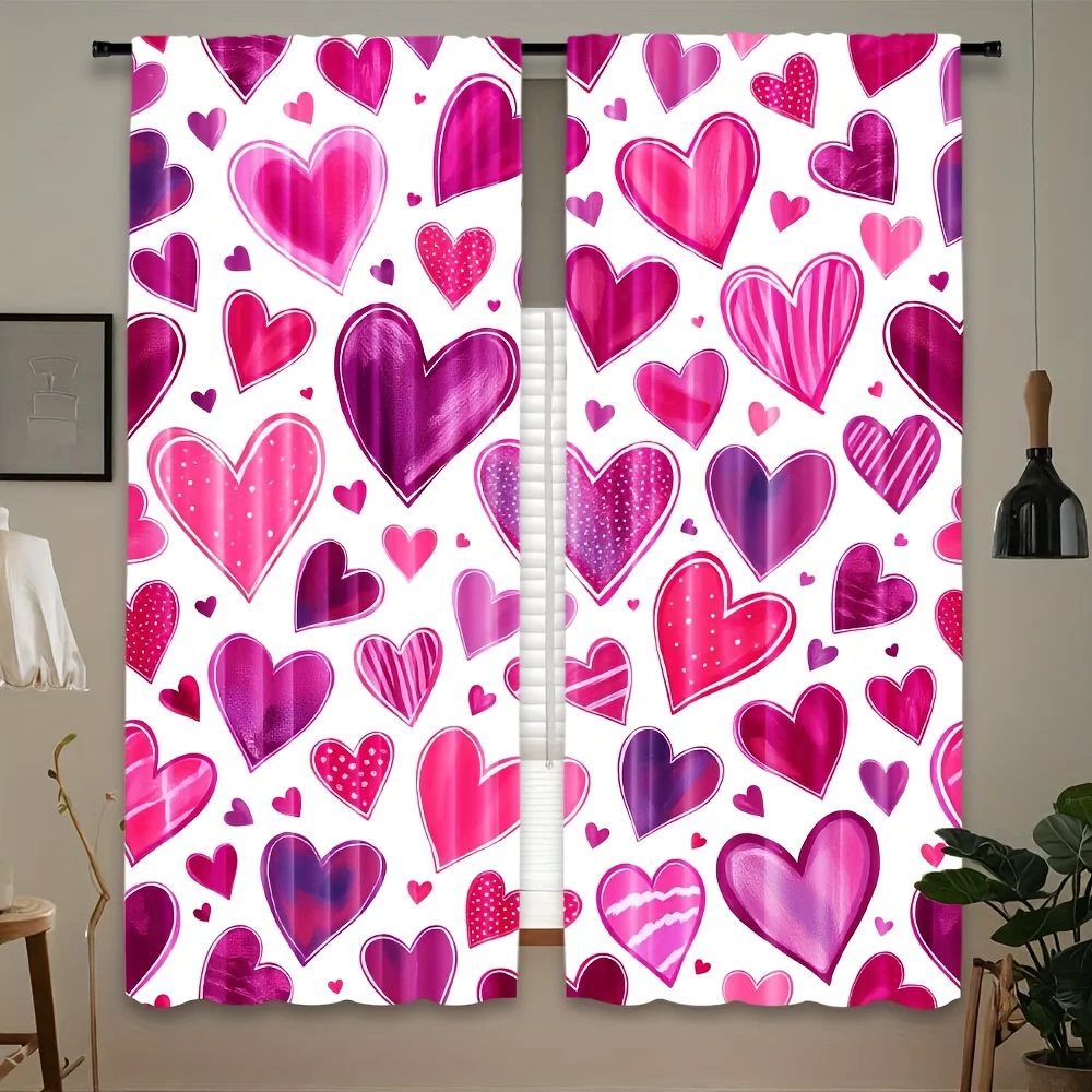 

2pc Pink heart-patterned curtains, made of polyester, suitable for bedrooms, living rooms, and offices, machine washable.