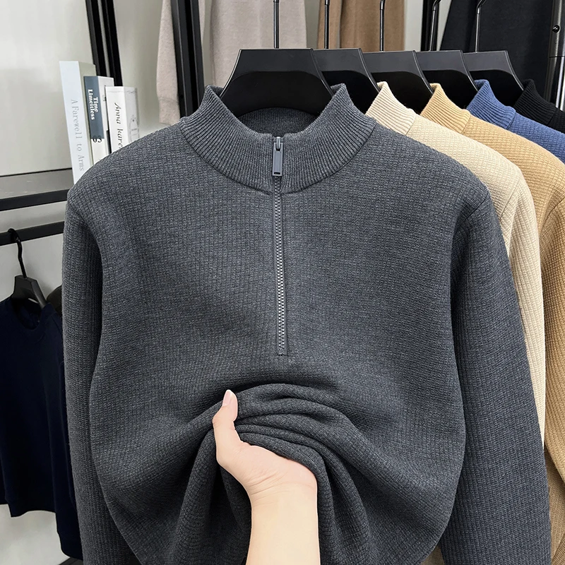 سترة رجالية عالية الجودة بنصف سحاب وياقة واقفة كاجوال فاخرة كلاسيكية بلون شتوي بلوفر متماسك سميك ودافئ #3