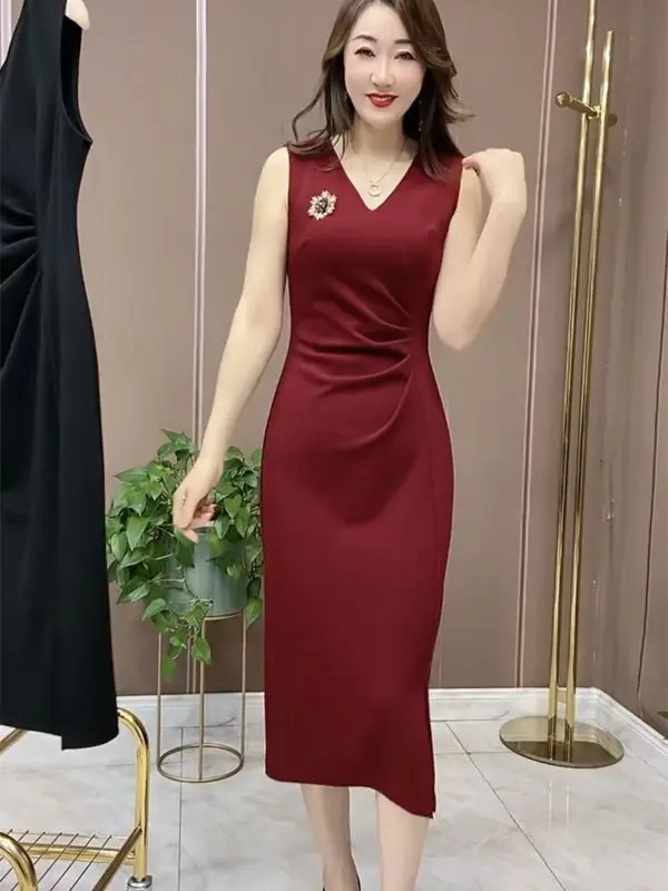 Internet Celebrity ใหม่แฟชั่น Slim High-end ยุโรปสไตล์ Slim V คอชุดเดรสแขนกุด