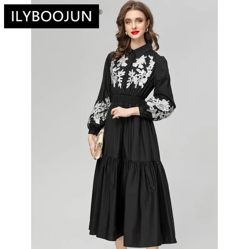 

ILYBOOJUN Autumn Fashion Runway Black Vintage Party Dress Women Lapel Long Sleeve Embroidery High Elastic Slim A-LINE Long Dress