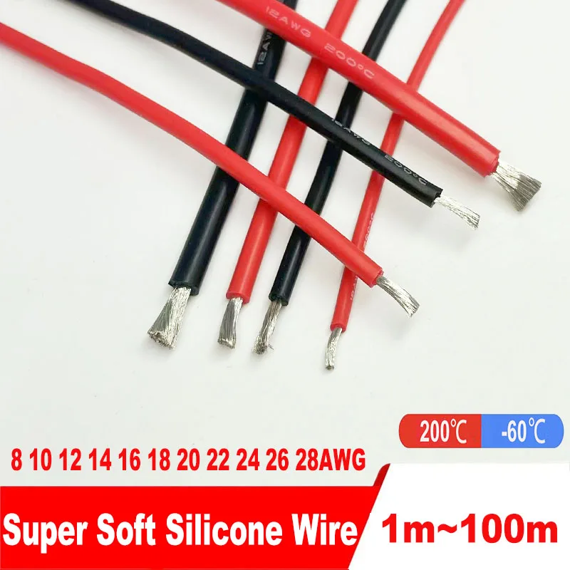 Super Soft Silicone Wire 8 10 12 14 16 18 20 22 24 26 28 AWG Heat Resistant Wire Red Black For Car Battery Home Appliance