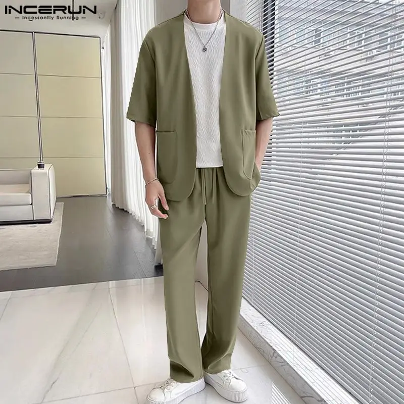 INCERUN 2024 Korean Style Fashion Sets New Men Solid Collarless Short Sleeved Suits Pants Casual Streetwear Two-piece Sets S-5XL