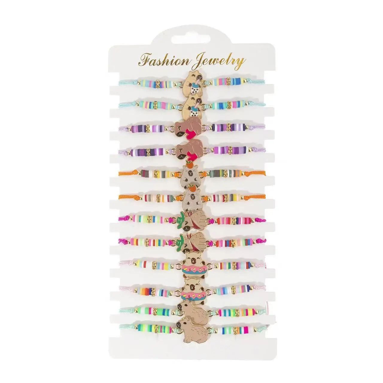 12 Piece Bohemian Alloy Paint Soft Clay Cartoon Animal Capybara Woven European and American Men's and Women's Bracelet Set
