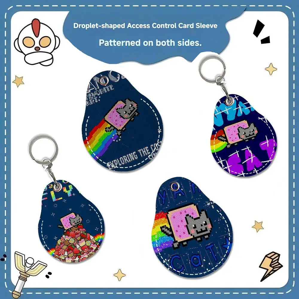 Cartoon Game N-nyan Cat PU Card Holder Keychain Key Ring Door Lock Access Tags Card Case Keychain Access Card Key Tag Ring