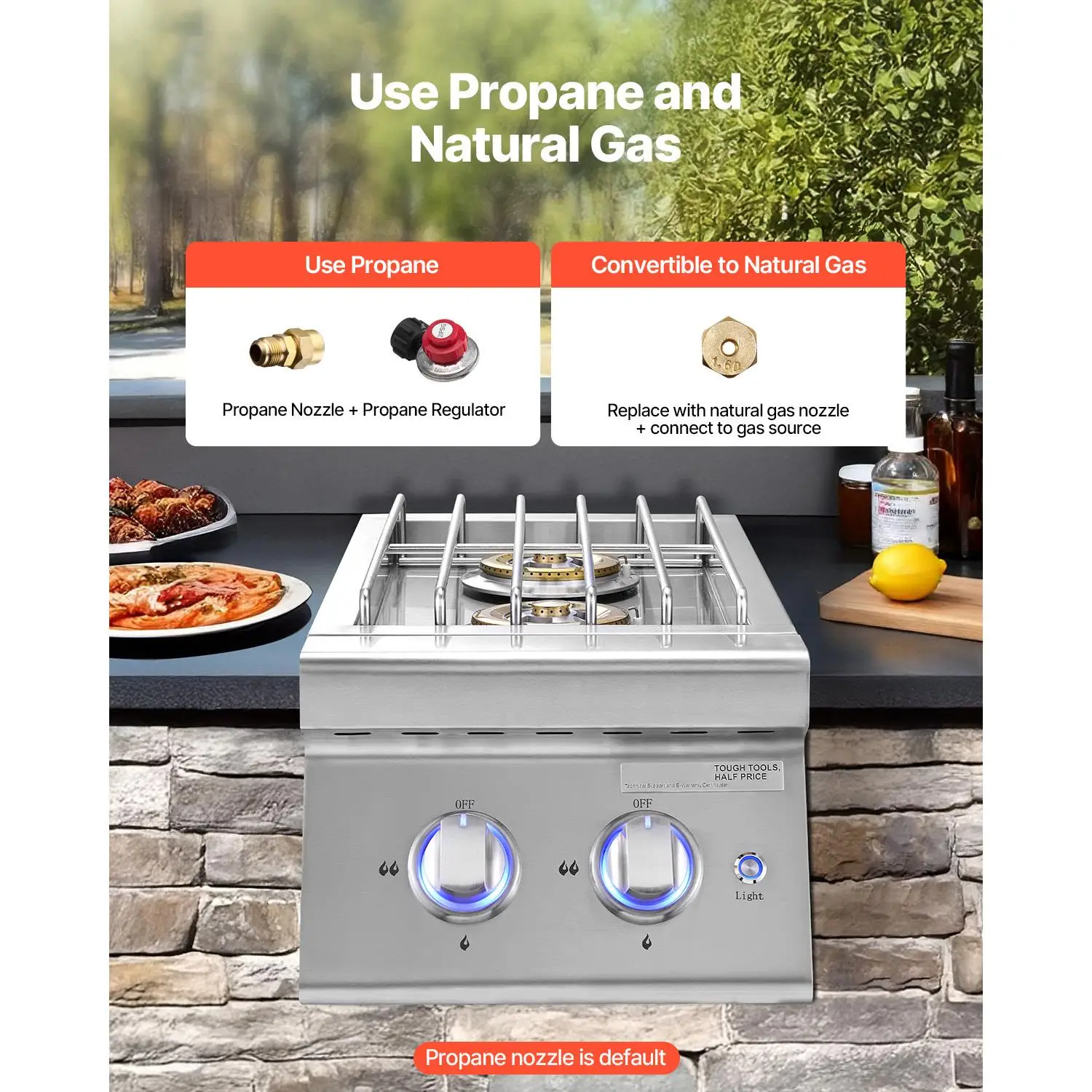 Double Grilling Side 2 x 17000 BTU Liquid Propane Convertible to Natural Gas 304 Stainless Steel Built In Dual with Light for outdoor Kitchen for bbq Grill Island