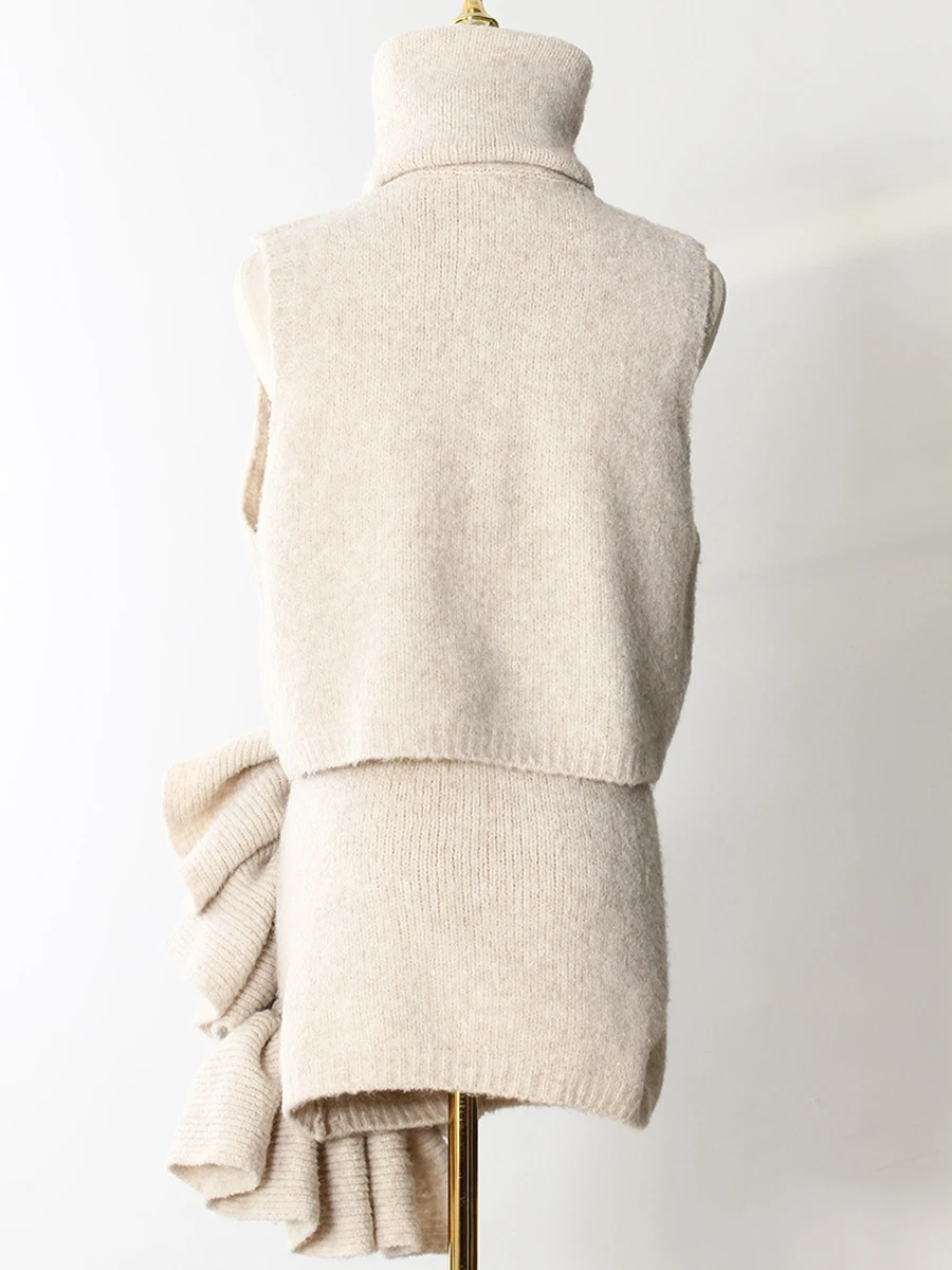 VGH Casual Three Piece Sets For Women Lapel Long Sleeve Coat Turtleneck Sleeveless Top High Waist Skirt Sexy Set Female Fashion