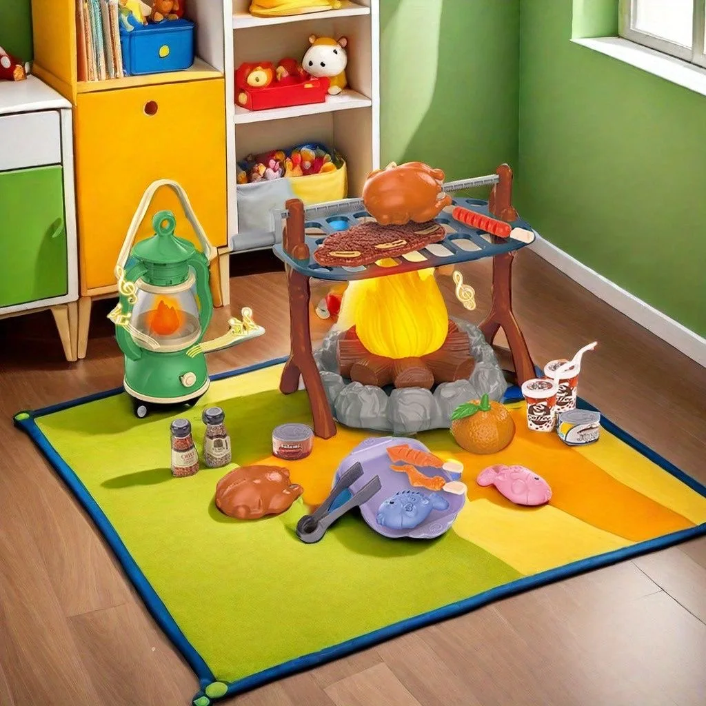 Kids Camping Play Set with LED Lights & Sound Effects - Pretend Campfire BBQ Grill Outdoor Play Toys