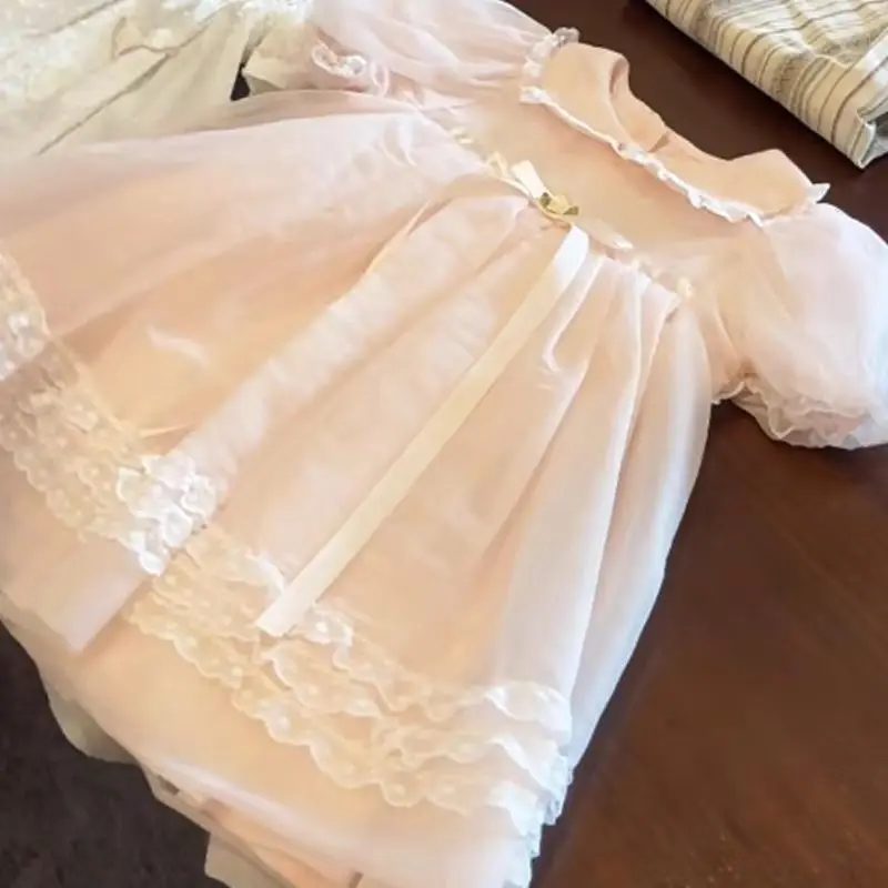 Girls' Summer Dress New Style Children's Fashionable High-End Doll Collar Princess Dress Breathable Tulle Dress for Girls