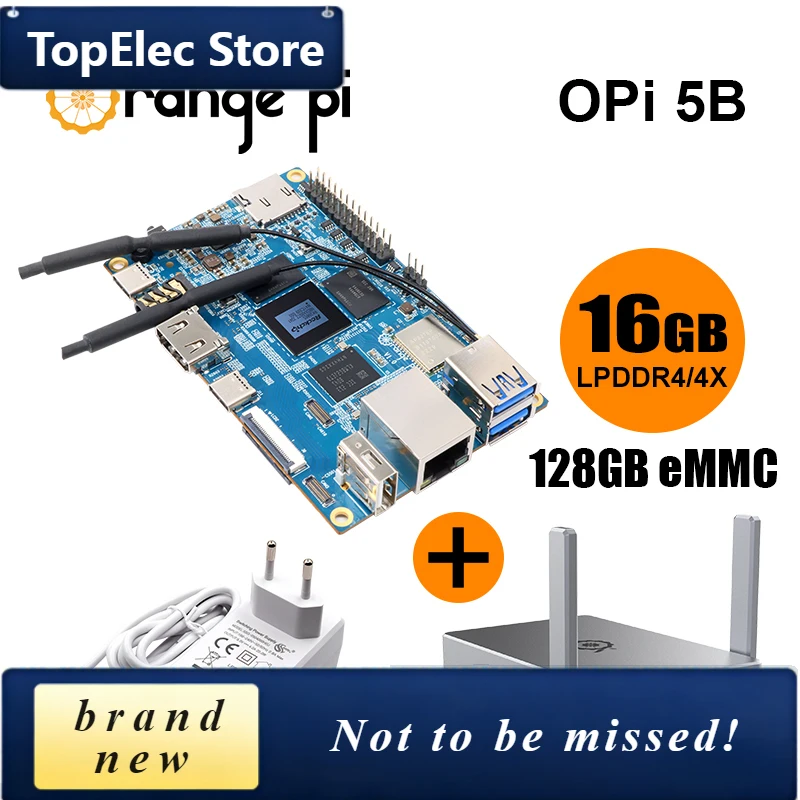 TopElec 3 Kits OPi 5B 16GB 128G SBC, Case ,5V4A Type-C Power Supply, Single Board Computer Orange Pi 5B RK3588S