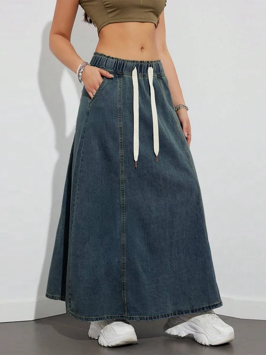 New Fashion Women\'s Denim Long Skirts Elastic Drawstring High Waist A Line Flare Jean Skirt for Summer, Spring