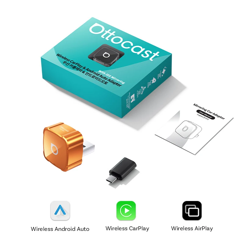 Ottocast Mini Air Wireless CarPlay Adapter 3-in-1 draadloze Android Auto & Screen Mirroring USB Plug & Play Dongle voor iPhone