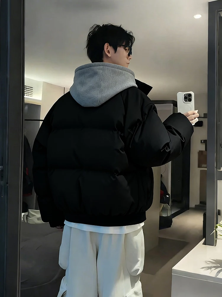 

Bla PU Leather down Jaet Men's Winter Tee-Proof Cotton Coat Hooded Workwear Bread Sle Coat Warm Thiened ort Coat