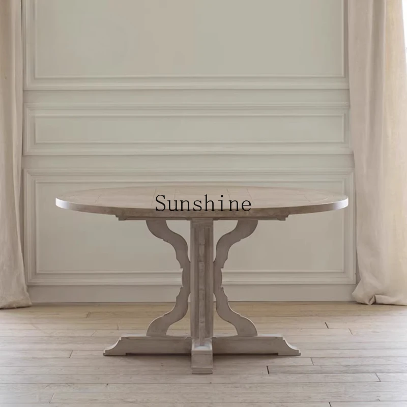 

Furniture French retro old solid wood round high-end carved dining table and chair combination
