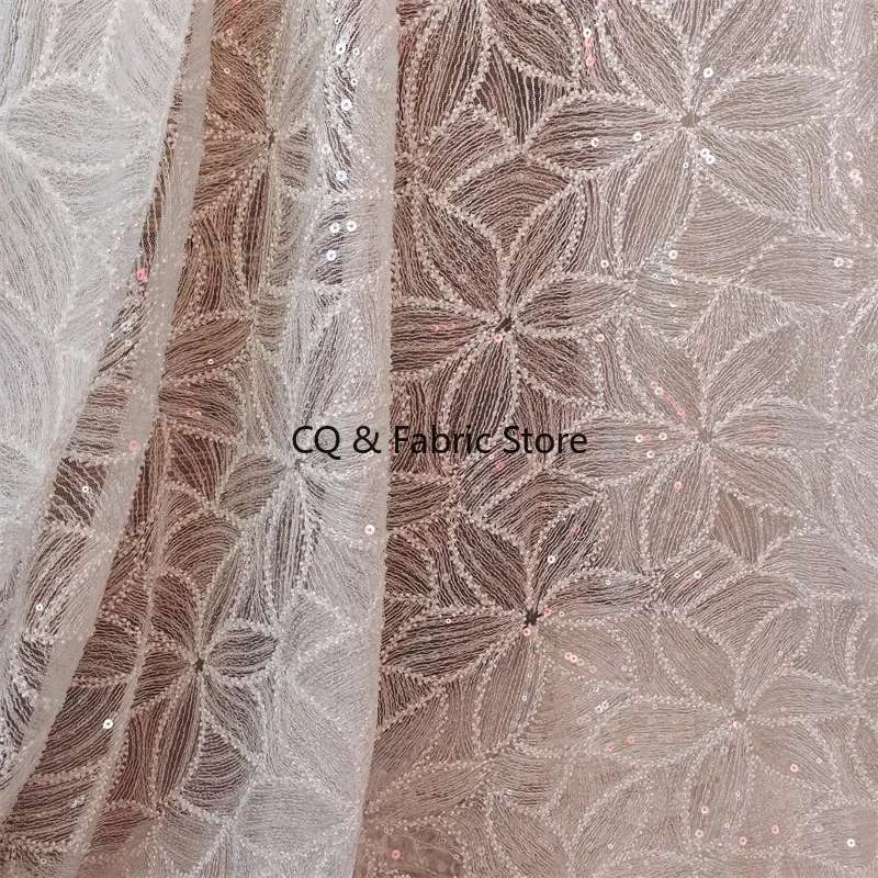 

New High-end Beige Mesh Embroidery Beaded Sequins Flower Fabric For Wedding Dress Skirt Diy Accessories